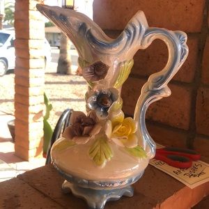 Vintage Ceramic Flower Pitcher with Blue Detail and Multi Color Flowers
